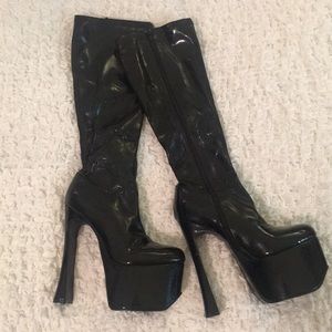 Pleaser | Black Patent Knee High Platform Boots